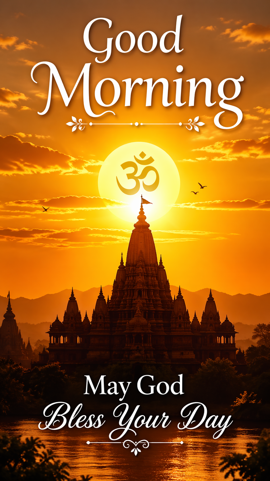 Good morning image with Om symbol over temple silhouette at sunrise May God Bless Your Day